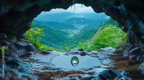 Cave pool reflection of lush mountain valley