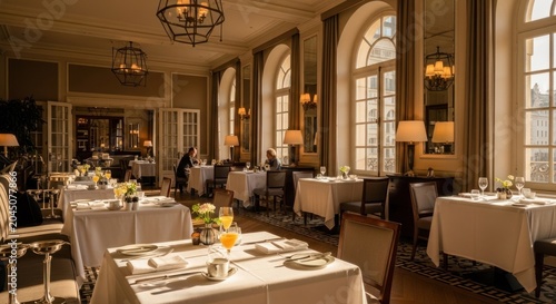 Elegant dining room showcases meticulously set tables bathed in warm natural sunlight streaming through tall arched windows.
