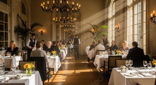 Diners enjoy midday meal inside elegant room bathed in dramatic sunlight filtering through tall windows