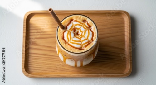 Iced caramel macchiato beverage with decorative foam art rests upon a wooden serving tray.
