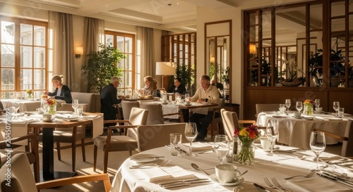 Elegant restaurant dining room illuminated by bright natural light streaming through large windows