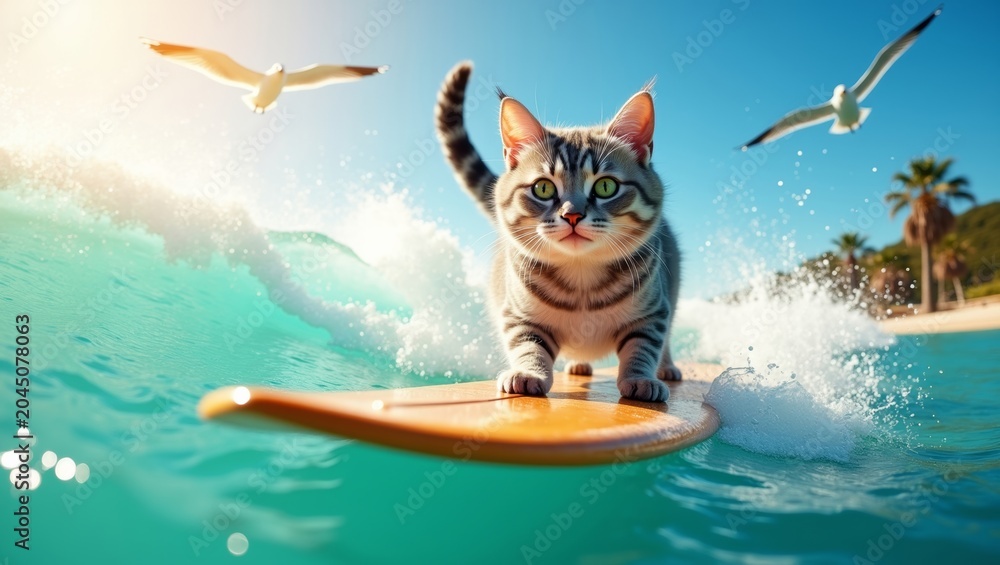Fototapeta premium Tabby cat surfing on a wooden surfboard in turquoise ocean water with seagulls flying above and palm trees lining the beach in the background