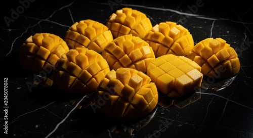 Multiple portions of ripe, cubed tropical fruit arranged on a dark, veined surface