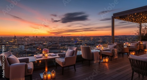 Elegant rooftop terrace offers stunning city views during a vibrant sunset