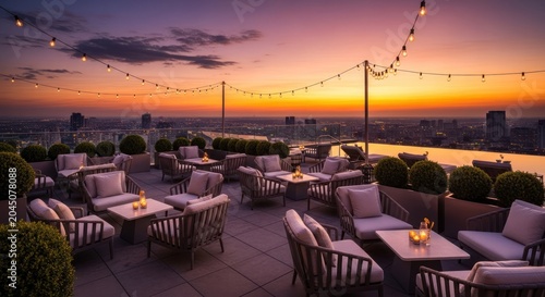 Upscale outdoor lounge area presents stunning city panorama during twilight hour