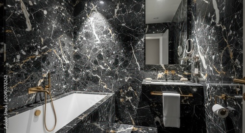 Luxurious bathroom interior features dramatic black and gold veined stone surfaces and polished fixtures.