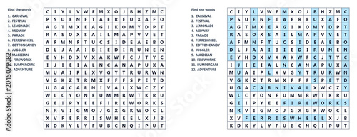 Photos Word search puzzle with highlighted words on grid background