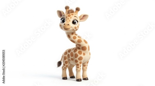 Adorable baby giraffe character with big expressive eyes, cute 3D cartoon giraffe illustration, friendly safari animal mascot for nursery decor isolated on White Background