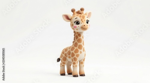 Adorable baby giraffe figurine with big eyes, cute safari animal character for nursery decor, miniature clay style giraffe toy isolated on White Background