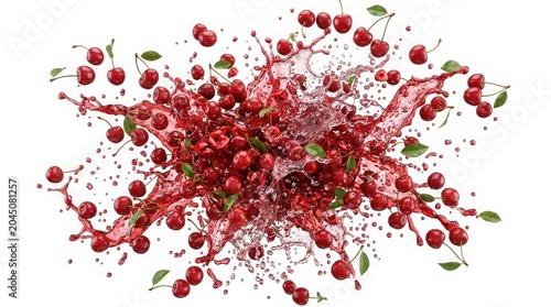 Fresh red cherries splashing in juice, dynamic fruit explosion with liquid droplets, ripe berry harvest with green leaves and sweet nectar isolated on White Background