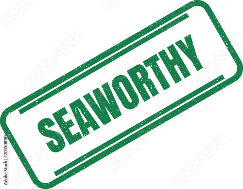 Green ink rubber stamp design with the word seaworthy written in a bold block font style