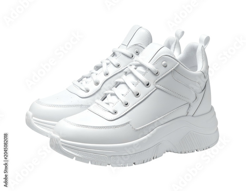 Crisp white athletic sneakers with thick platform soles