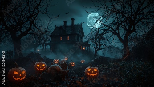 Mansión embrujada en la distancia con luna azul, bosque oscuro, calabazas y ambiente de terror nocturno