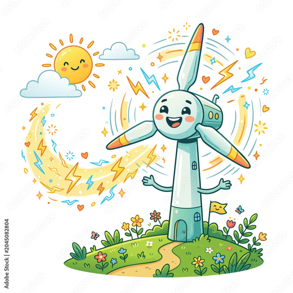 Fototapeta premium Happy wind turbine character generating green energy with renewable character environment