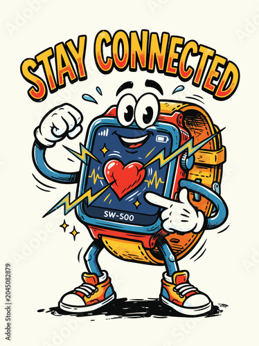 Smart watch fitness tracker character waving hand with stay connected text and heart symbol