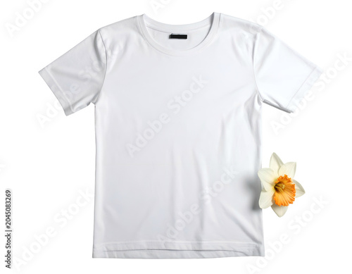 Crisp white t-shirt and a vibrant spring daffodil, isolated
