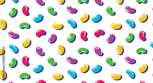 Colorful jelly bean scatter pattern on white background