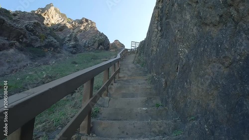 POV Climbing up the Concrete Cliff Stairs Leading to the Atlantic Coast, Sintra, Portugal