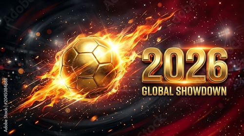 golden soccer ball engulfed in flames with 2026 global showdown text