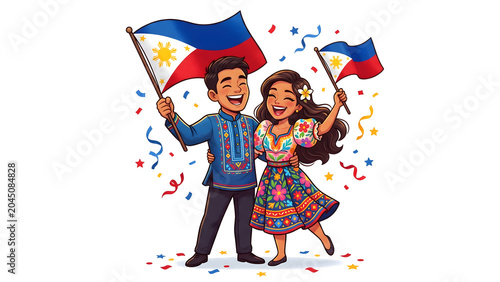 Happy young Filipino couple celebrating national independence day together with flags