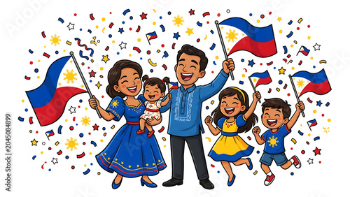 Happy Filipino family waving hands and holding flags in a celebratory illustration