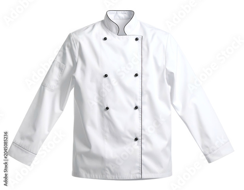 Crisp white double-breasted chef's coat with black trim