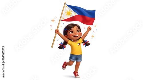 Young Filipino girl proudly running and waving a large Philippine flag with joy