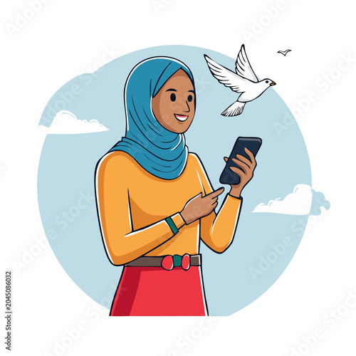 Woman in hijab using smartphone with dove flying overhead