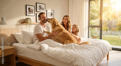 family with dog. Joyful Caucasian family and their Golden Retriever sharing a laughing moment on a sun-drenched white bed on a weekend morning. Authentic pet parent lifestyle and family values.