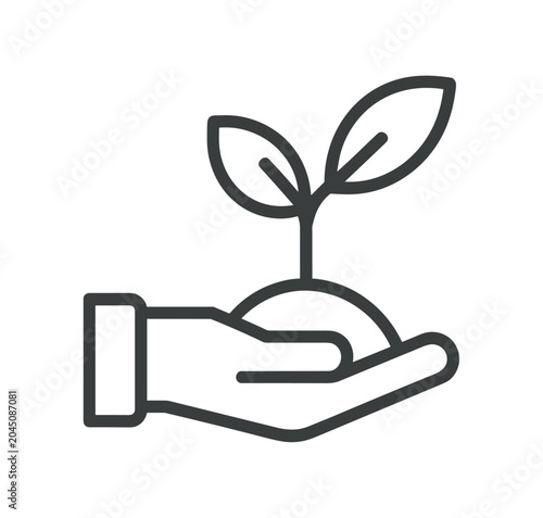 Hand Holding Sprout. A stylized line art illustration of a hand gently holding a small plant seedling emerging from fertile soil, symbolizing growth, care, and new beginnings.
