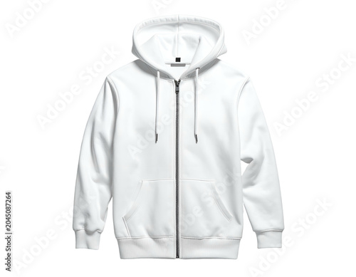 Plain white zip-up hooded sweatshirt on a white background