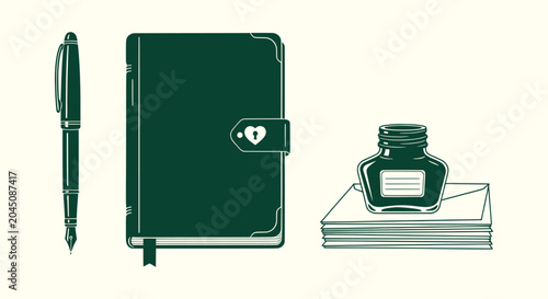 Photography Vintage Writing Set with Fountain Pen Locked Diary Journal and Inkwell on Stacke