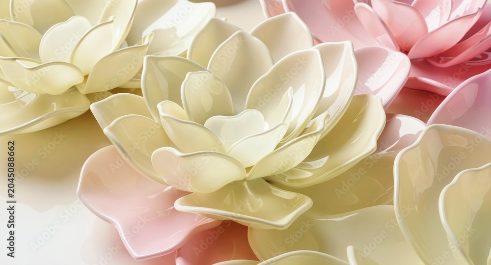 Fototapeta premium Elegant ceramic lotus flower sculptures in pastel tones for home decor.