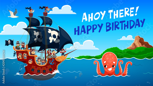 Obraz na plátně Kids birthday party flyer with pirate sail ship and funny corsair sailors on board