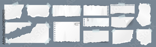 Set of torn white paper pieces with tape and clips on transparent background. Various ripped blank sheets for layered design.
