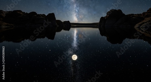 A symmetrical night view of a starry sky and the Milky Way over a still lake, with the bright full moon reflecting right in the center of the dark water