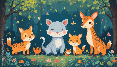 Cute woodland animals illustration, colorful children's art, isolated background.