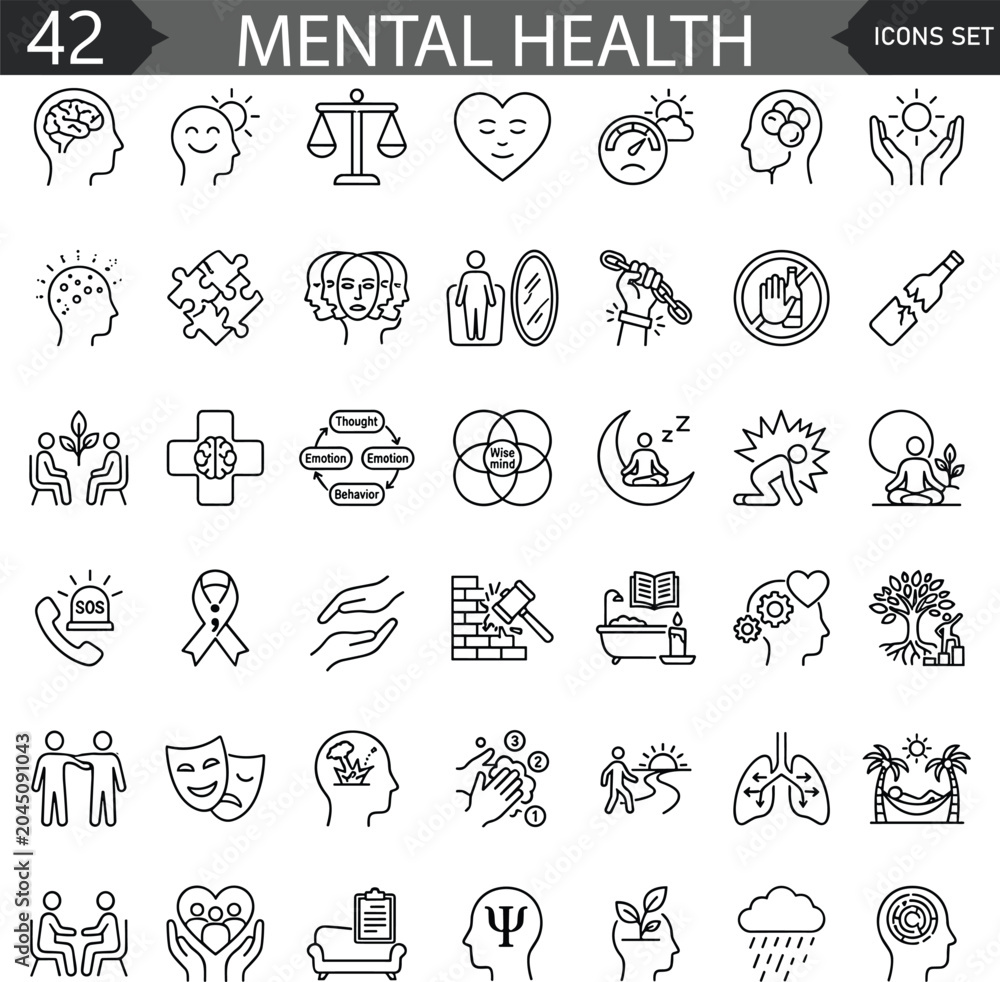 Fototapeta premium Mental health icon set featuring psychology, mindfulness, therapy, wellness, brain, stress, support, depression, emotion,