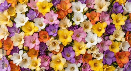 A delightful close-up of a dense cluster of freesia flowers in a cheerful mix of orange pink yellow and purple hues with delicate trumpet-shaped blooms