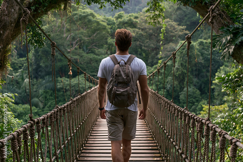 Person walks on a rope bridge in a forest on a sunny day