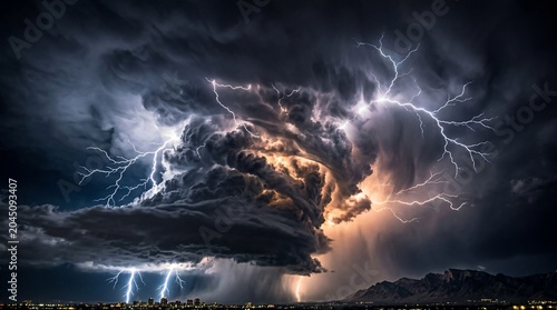 A dramatic, stormy scene with a darkened sky, filled with swirling, menacing clouds