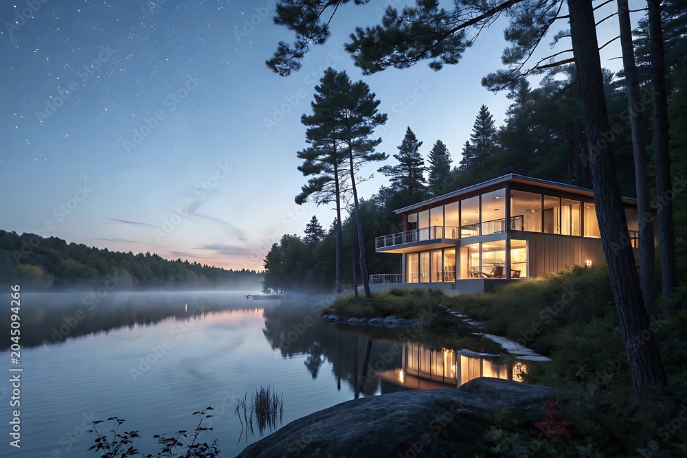 Obraz premium Modern lakeside cabin glows warmly under a starlit evening sky