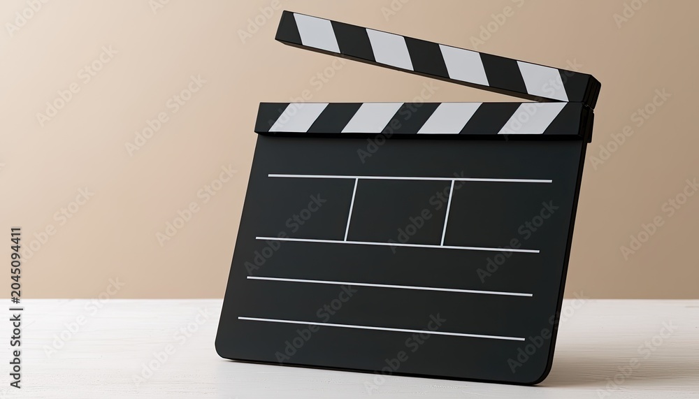 Fototapeta premium Black clapperboard with white stripes, ready for action on neutral background
