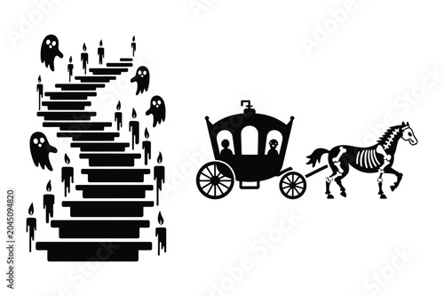 Bild auf Leinwand Halloween ghost staircase and carriage with skeletal horse silhouette vector