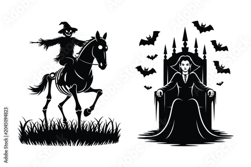 Εκτύπωση καμβά Headless horseman riding skeleton horse and vampire queen on throne illustration