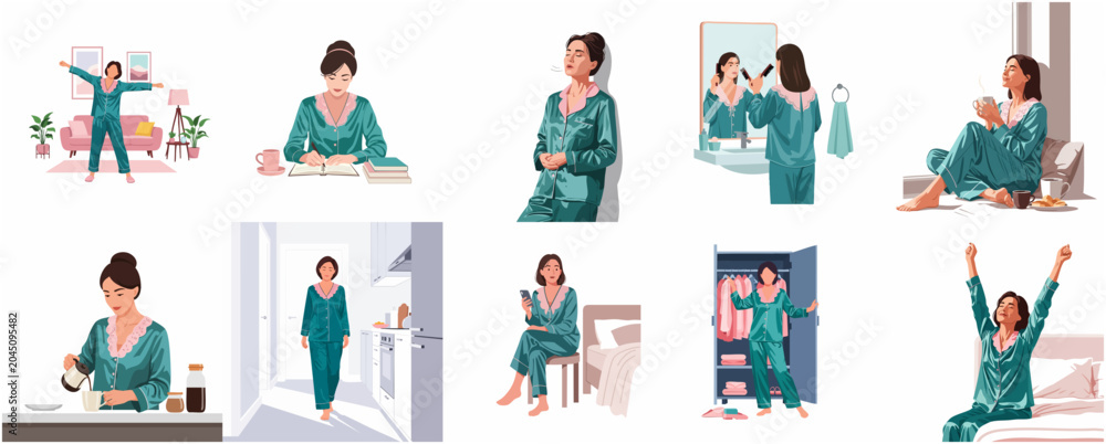 Fototapeta premium Flat Vector Illustration Set of a Woman's Daily Morning Routine in Green Silk Pajamas