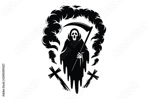 Foto Grim reaper silhouette with scythe and crosses halloween vector illustration