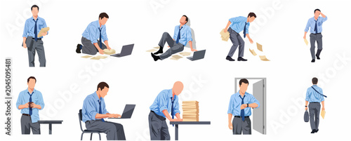 Businessman Character Set: Illustrations of Stress, Burnout, and Daily Office Routine for Corporate Professionals