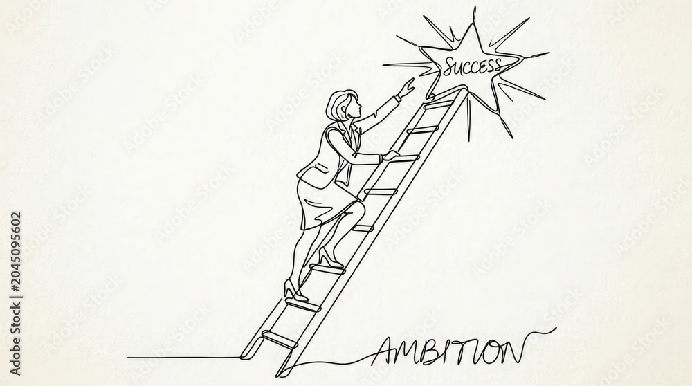 Obraz premium Businesswoman climbing ladder to achieve success with ambition and motivation