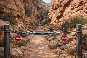 A couple of stop signs hung from a gate with a rustic background